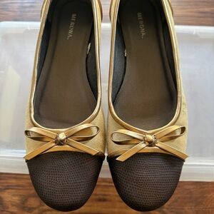 Merona Gold & Brown Cap-Toe Ballet Flats – Bow Detail, Size 6.5